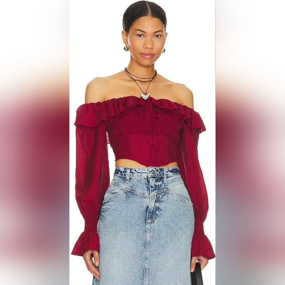 More To Come Pia Long Sleeve Ruffle Top in Red / NWT / Revolve